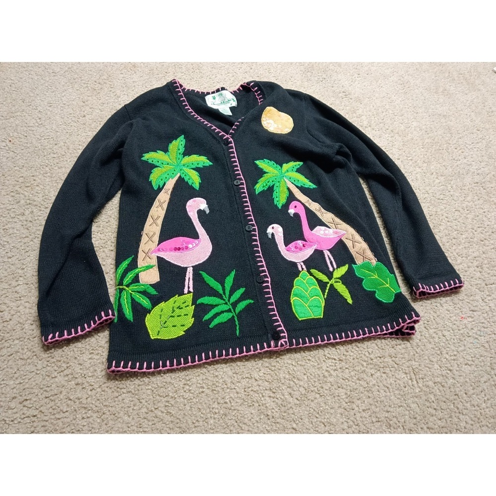 Vintage 90s Quacker Factory Flamingo Palm Tree Cardigan Women's Small S...